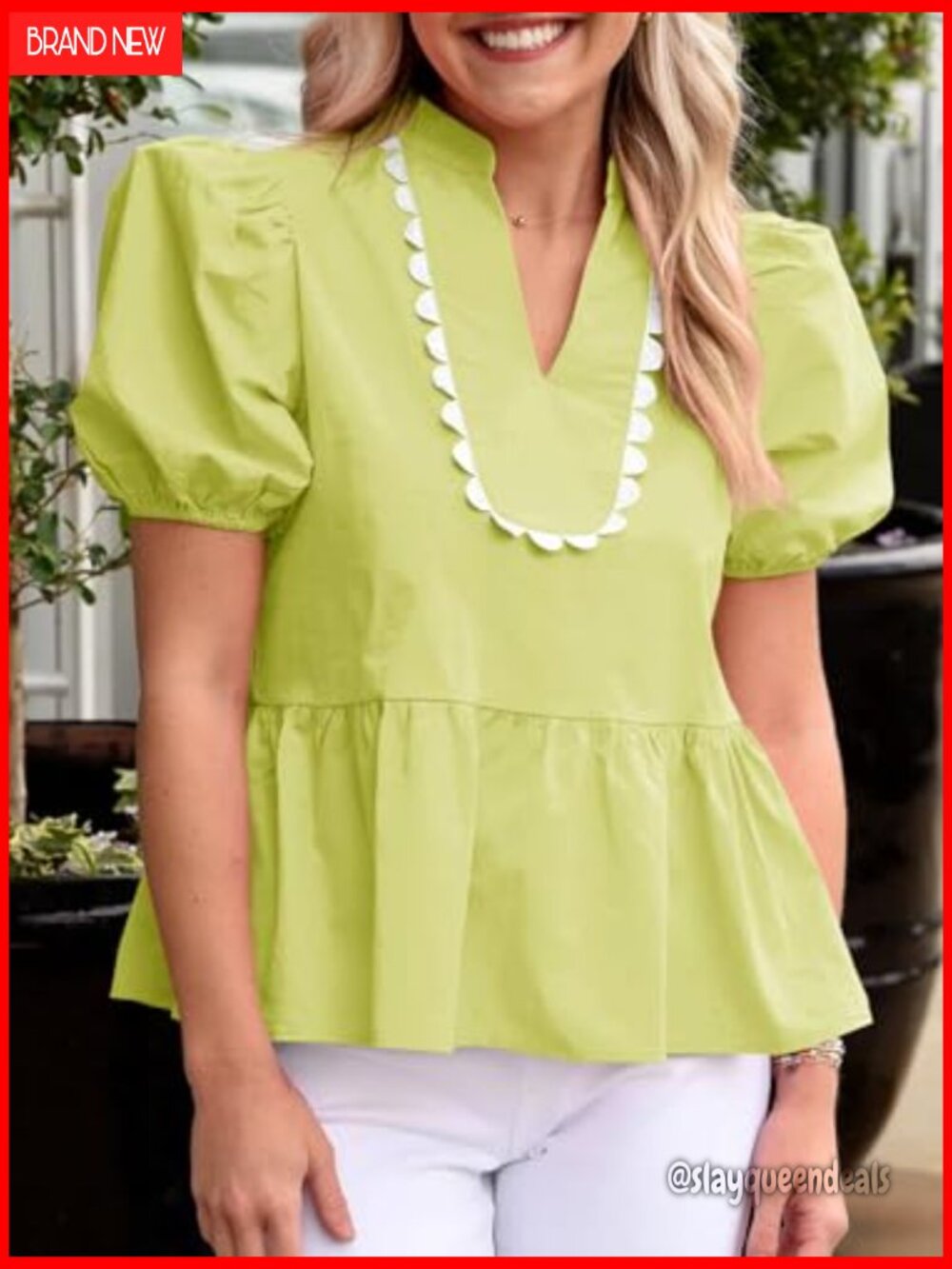 Puff Sleeve Peplum Blouse V Neck Babydoll Top Loose Fit - Picture 3 of 7
